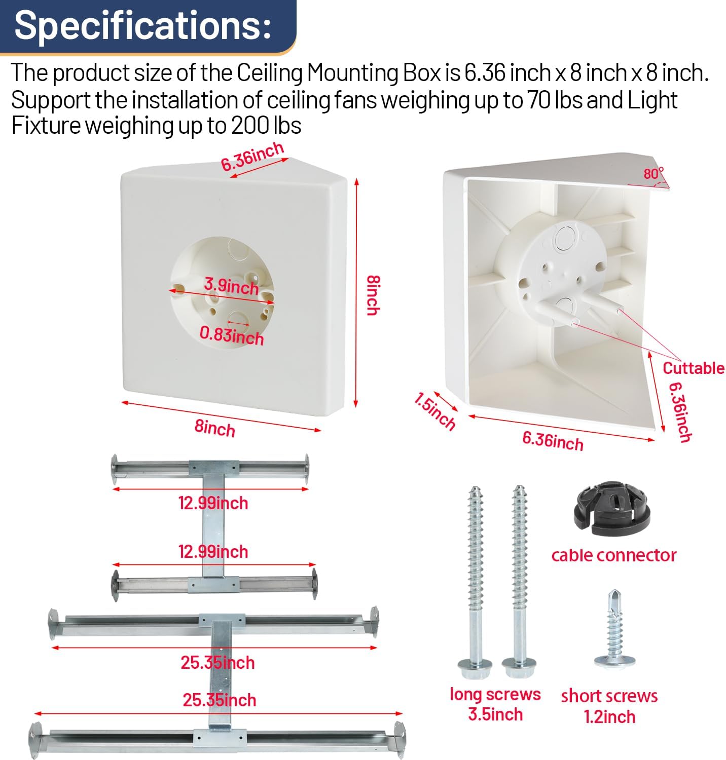 Ceiling Fan Light Fixture Mounting Box Fan Mounting Bracket FB900 Ceiling Fan Angle Mount for Cathedral Ceiling Angles of 80°and Up with Metal Bracket