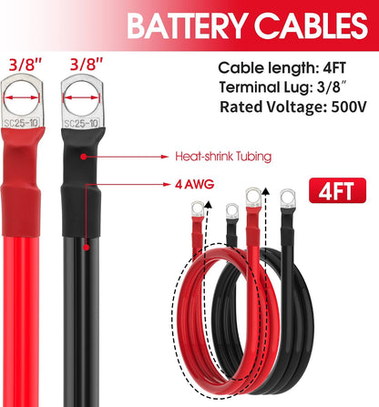 4 AWG Battery Cable 4 Gauge Battery Wires with 3/8 terminals Power Inverter Cables for Solar Boat Marine RV Car (4FT, 1 red+1 black cable)