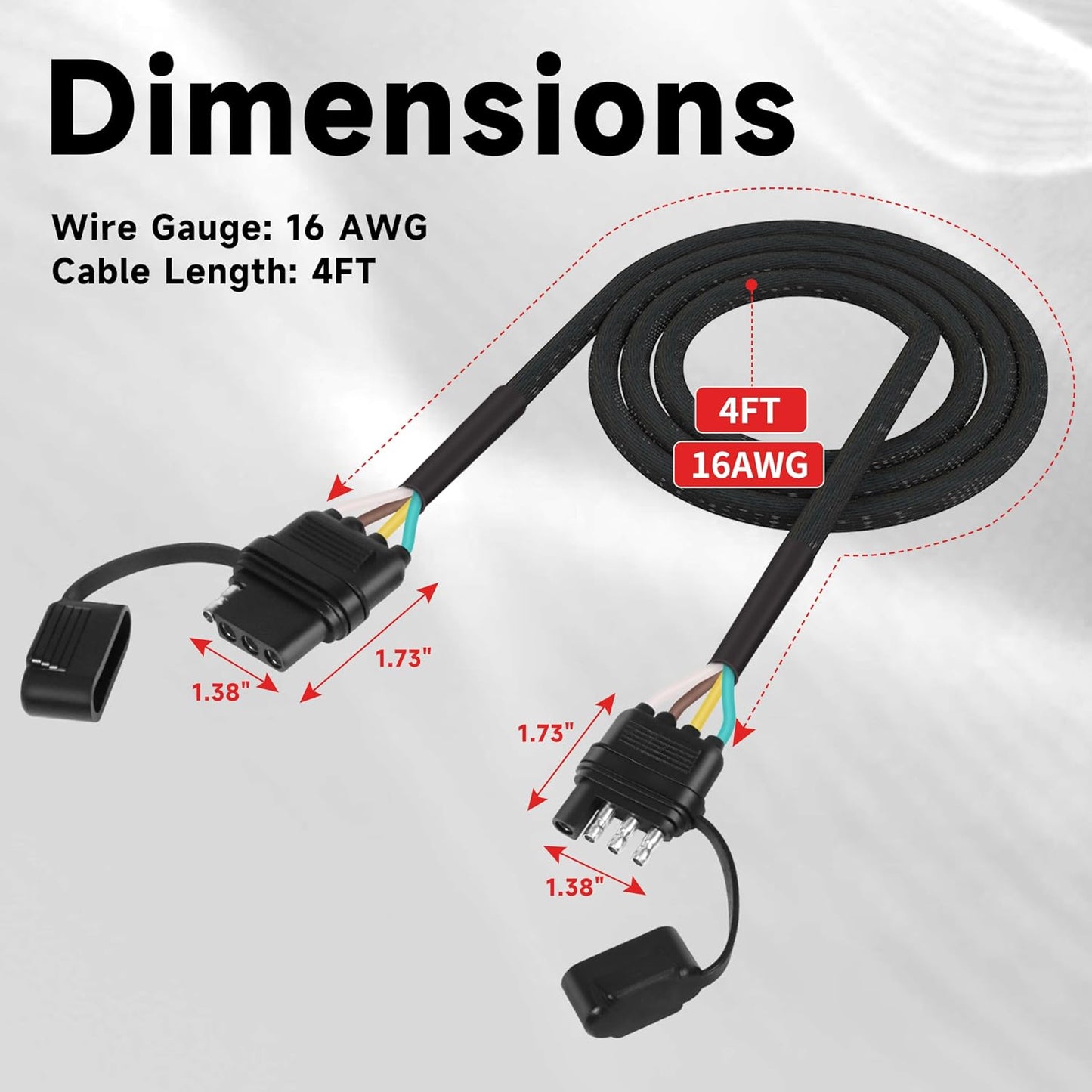 16 AWG 4FT 4-Pin Flat Trailer Wiring Harness with 4 Way to 4 Way Male and Female Connector 16 Gauge 4 to 4 Trailer Extension Wire with Dust Cover for Trailer and Vehicle, Black, 4-16G-4FT