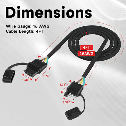 16 AWG 4FT 4-Pin Flat Trailer Wiring Harness with 4 Way to 4 Way Male and Female Connector 16 Gauge 4 to 4 Trailer Extension Wire with Dust Cover for Trailer and Vehicle, Black, 4-16G-4FT