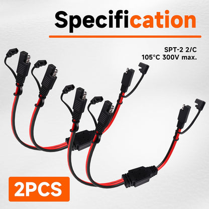 12 Inch 14AWG SAE Y Splitter 14 AWG 14 Gauge 1 to 2 SAE Extension Cable, 2 Prong DC Power Connector with Dust Cover for Solar Panel Battery Charger (14AWG 12in, 2pcs)