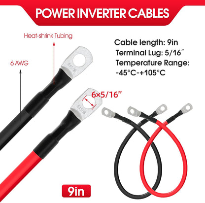 6 AWG Battery Cables 6 Gauge Battery Power Inverter Cable with 5/16 Inch Tinned Copper Lugs Both Ends for Solar Marine Boat RV Car Motorcycle 2 pcs (9 in)