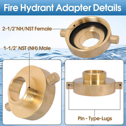 2-1/2" NST (NH) Female x 1-1/2" NST (NH) Male Fire Hydrant Hose Adapter Brass Fire Equipment with Pin Lug for Fire Hydrants, Pipes, Hoses