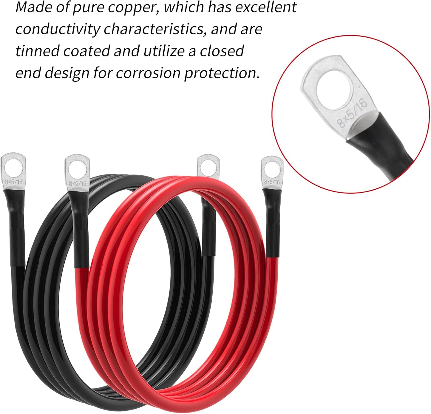 8 AWG Battery Cable 8 Gauge Power Inverter Cables with 5/16 Inch Lugs Both Ends for Solar Boat Marine RV Car 2 Pack (3FT)