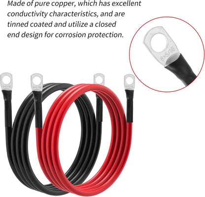 8 AWG Battery Cable 8 Gauge Power Inverter Cables with 5/16 Inch Lugs Both Ends for Solar Boat Marine RV Car 2 Pack (3FT)