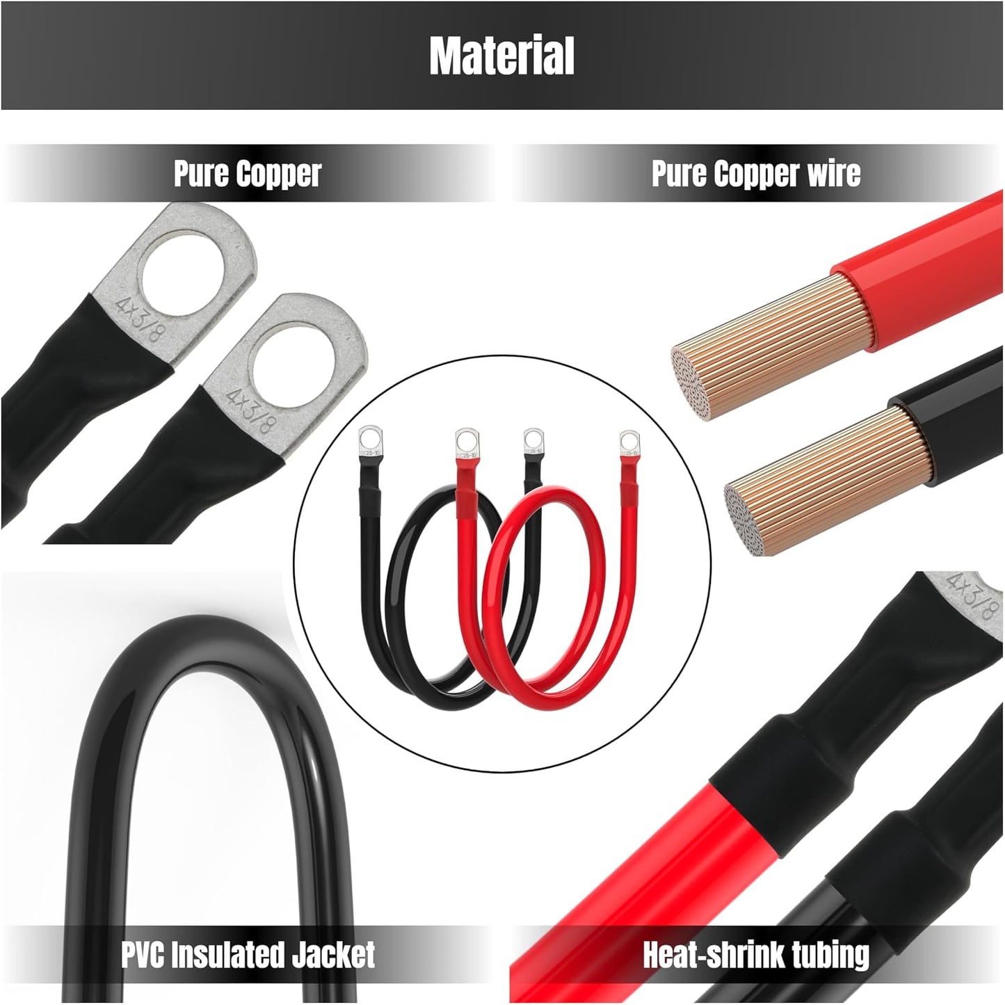 3FT 4 AWG Battery Cable 4 Gauge Battery Cables 4AWG 3 FT Battery Inverter Wires Cables with 3/8 inch Lugs for Solar Power Inverters, RVs, Campers, Travel Trailers, Cars, 2 Pairs