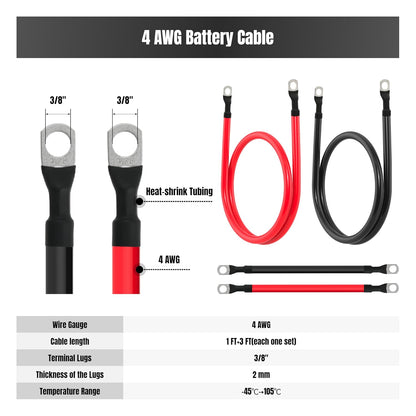4 AWG Battery Cable 4 Gauge Battery Cables 4AWG Battery Power Inverter Wires Cables with 3/8 inch Lugs for Solar Systems, RVs, Campers, Travel Trailers, Cars (1FT + 3FT)