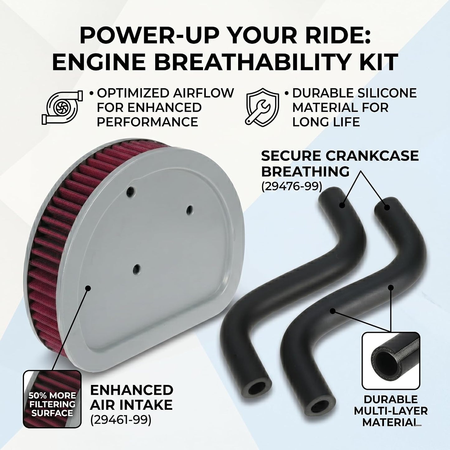 29461-99 HD-1499 Air Filter and 29476-99 Breather Tube Kit Fits for Harley Davidson 1999-2007 Motorcycles