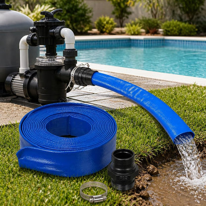 Pool Backwash Drain Hose Lay Flat Discharge Hose 1-1/2" x 25ft Reinforced Drain Pipe with Camlock Fittings for Pump Pool Drainage Includes 125F Adapter and Stainless Steel Clamp