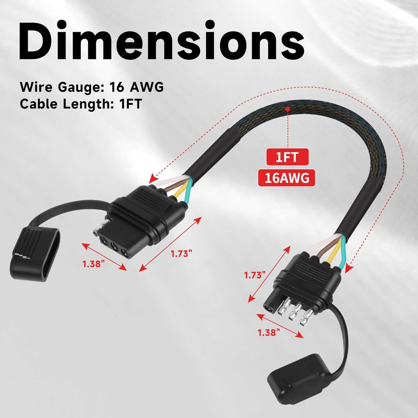 16 AWG 1FT 4-Pin Flat Trailer Wiring Harness with 4 Way to 4 Way Male and Female Connector 16 Gauge 4 to 4 Trailer Extension Wire with Dust Cover for Trailer and Vehicle, Black, 4-16G-1FT