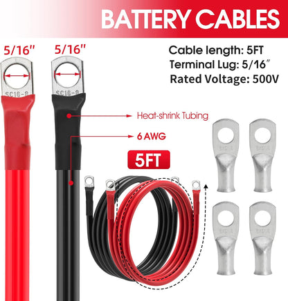 6 AWG Battery Cable 6 Gauge Battery Wires with 5/16 terminals Power Inverter Cables for Solar Boat Marine RV Car (5FT, with 6 AWG 5/16" Lugs)