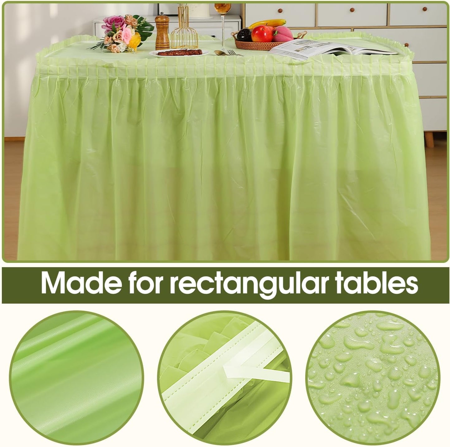 5 Pack Plastic Table Skirts and Cloths for Rectangle Tables, 14 Ft Blue Tableskirts and 54" x 108" Tablecloths, Disposable Tablecloth Skirt Covers for Party (Fruit Green)