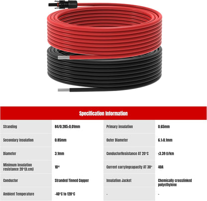 40Ft 10AWG Solar Panel Extension Cable, 10 AWG Solar Extension Cable 10 Gauge 40 Feet Solar Wire with Solar Panel Female Male Waterproof Connectors for RV Boat Home (10 AWG-40Ft)