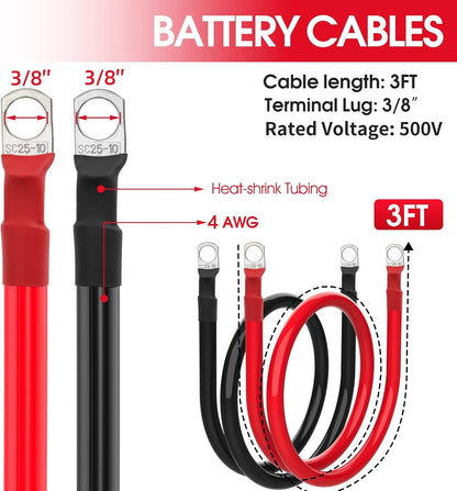 4 AWG Battery Cable 4 Gauge Battery Wires with 3/8 terminals Power Inverter Cables for Solar Boat Marine RV Car (3FT, 1 red+1 black cable)