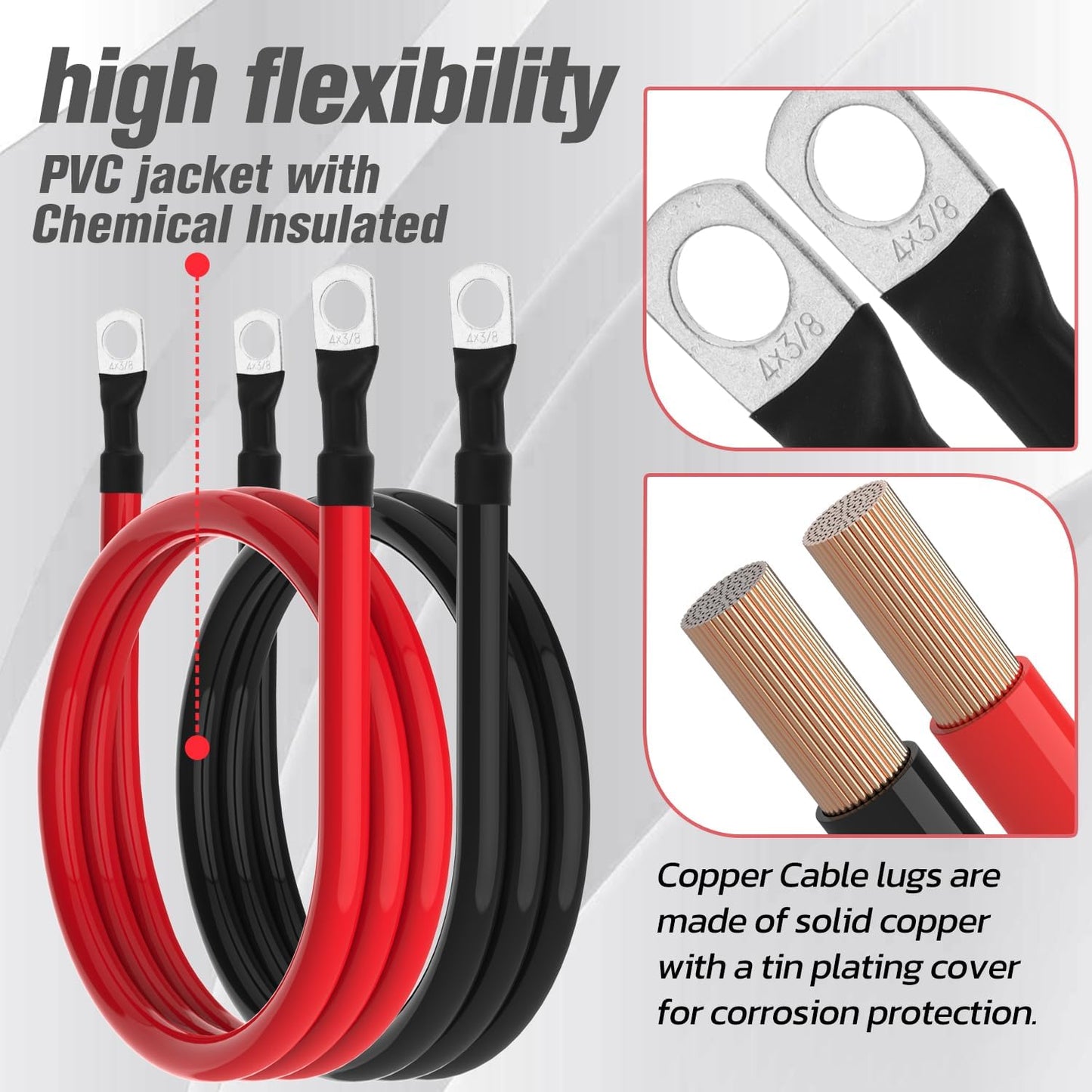 4 AWG Battery Cable 4AWG Gauge Battery Inverter Cables for Automotive Solar Marine Boat RV Car Motorcycle (4 AWG, 5FT, 3/8")