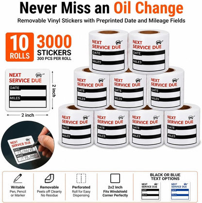 Oil Change Service Reminder Stickers - 3000 Pcs 2x2 Black, Next Service Due Roll, Removable Vinyl Peel & Write, No Residue Car Sticker (10)