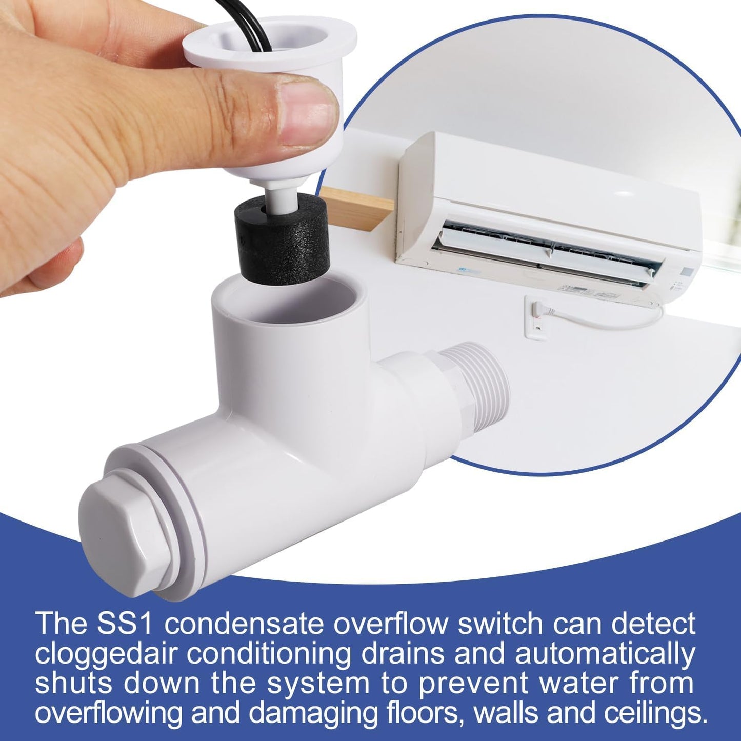 SS1 Float Switch Condensate Overflow Switch with 3/4 Inch Adaptor and 6FT Wire for HVAC Drain Pan Condensate for condensate Overflow Detection (6Pack)