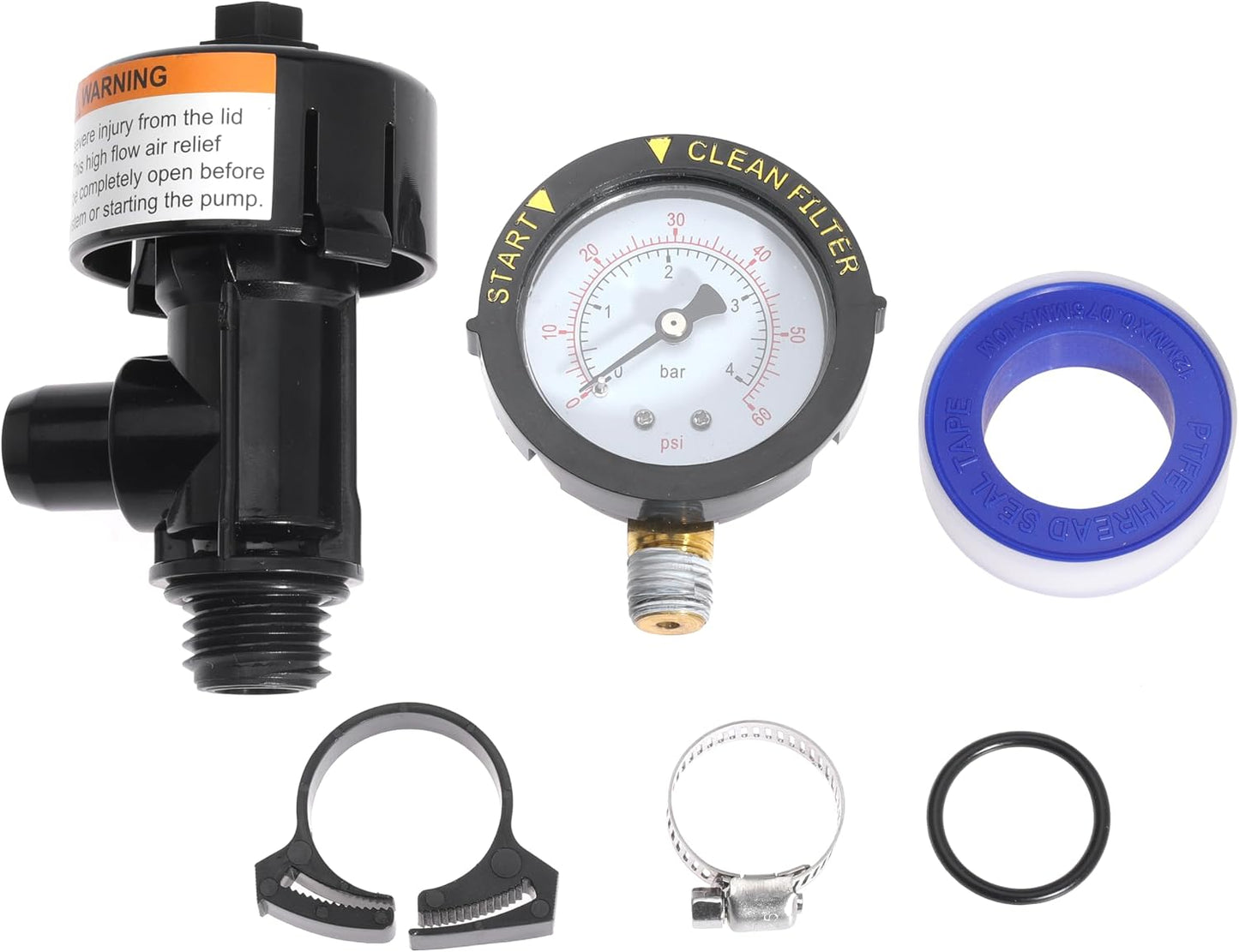 98209800 High Flow Manual Air Relief Valve Pool Filter Air Relief Valve for Predator Pool Filters with Clips O-Rings Gauge Plug Pressure Gauge 1PC