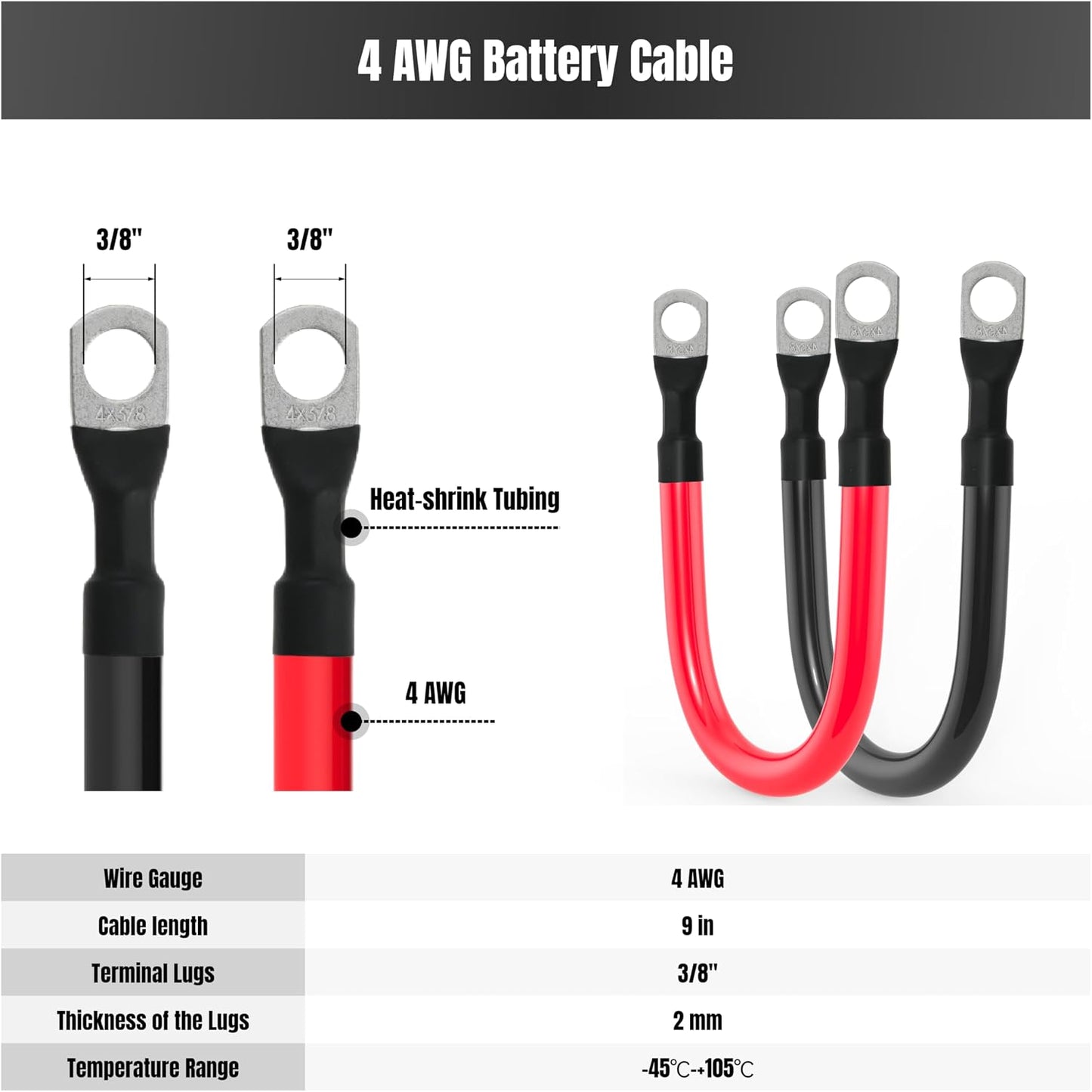 9in 4 AWG Battery Cable 4 Gauge Battery Cables 4AWG 9-Inch Battery Inverter Wires Cables with 3/8 inch Lugs for Solar Power Inverters, RVs, Campers, Travel Trailers, Cars, 2 Pairs