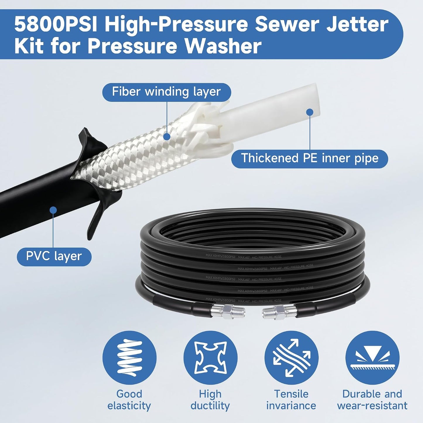 100FT Sewer Jetter Kit for Pressure Washer, 5800PSI, 1/4 Inch NPT Drain Cleaner Hose Sewer Jetting with Rotating Corner Button Nose Nozzle for Pipe Cleaning