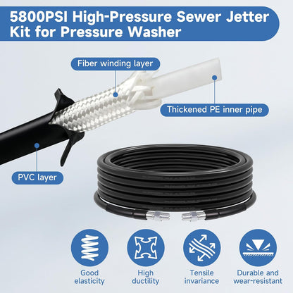 100FT Sewer Jetter Kit for Pressure Washer, 5800PSI, 1/4 Inch NPT Drain Cleaner Hose Sewer Jetting with Rotating Corner Button Nose Nozzle for Pipe Cleaning