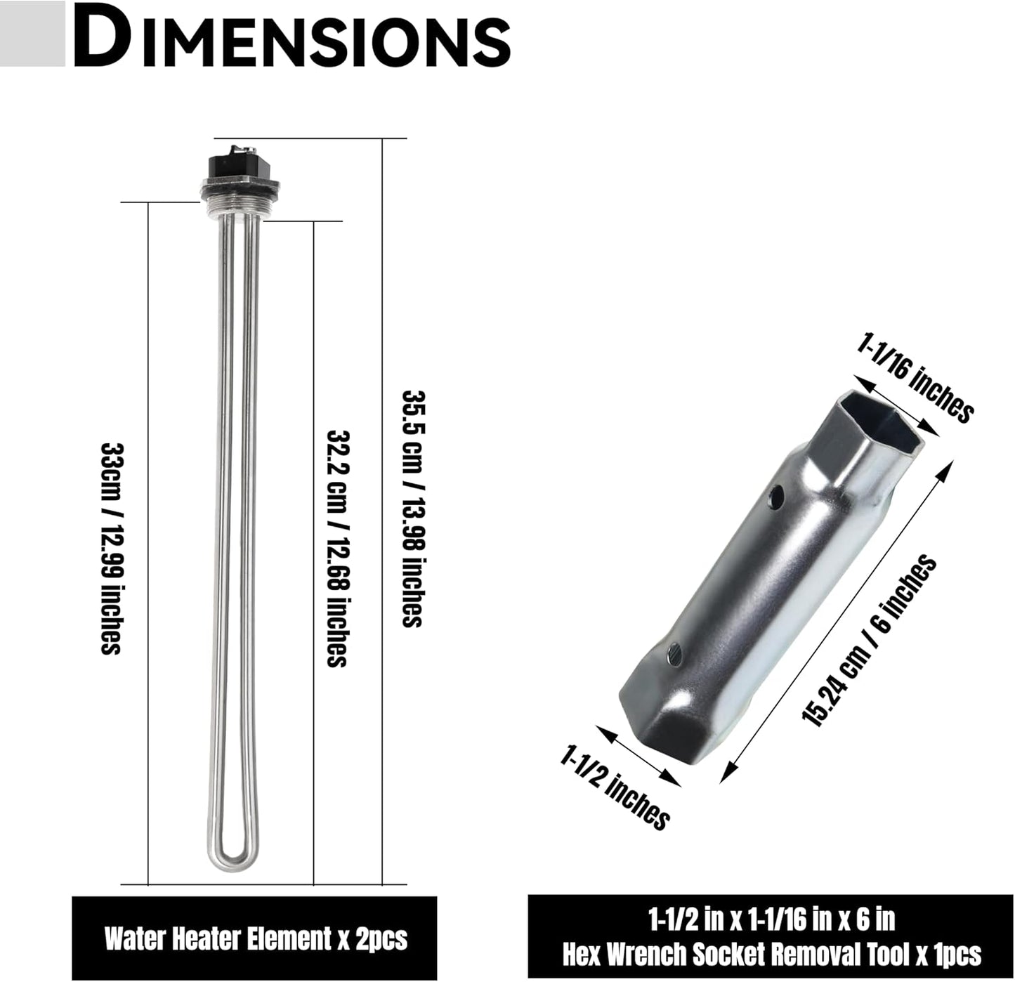 100108283 Water Heater Element for AO Smith ECT 52 55 66 80 120, ECS 30 40 50, ECL 30 50, ECLN ELJN ECJN 40, E6 Replaces 100108284 9000092015 9000092045 Heating Element with Socket, 2PCS
