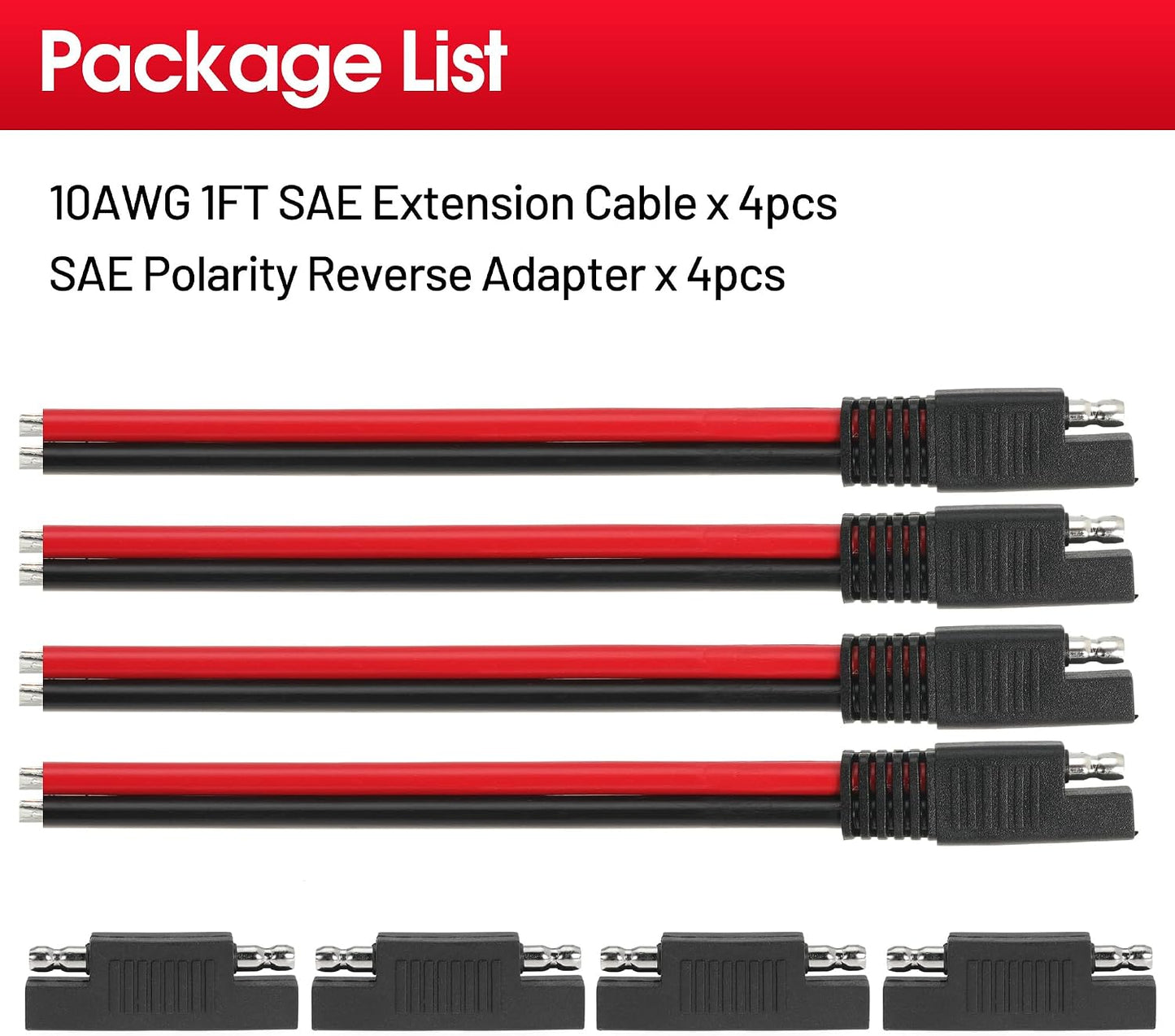 1FT 10AWG SAE Extension Cable, 10 Gauge SAE Connector Cable 10 AWG 2 Pin Quick Disconnect for Solar RV Automotive, 4PCS