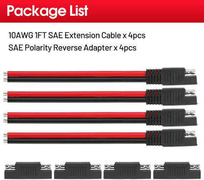 1FT 10AWG SAE Extension Cable, 10 Gauge SAE Connector Cable 10 AWG 2 Pin Quick Disconnect for Solar RV Automotive, 4PCS