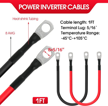 8 AWG Battery Cable 8 Gauge Power Inverter Cables with 5/16 Inch Lugs Both Ends for Solar Boat Marine RV Car 2 Pack (1FT)
