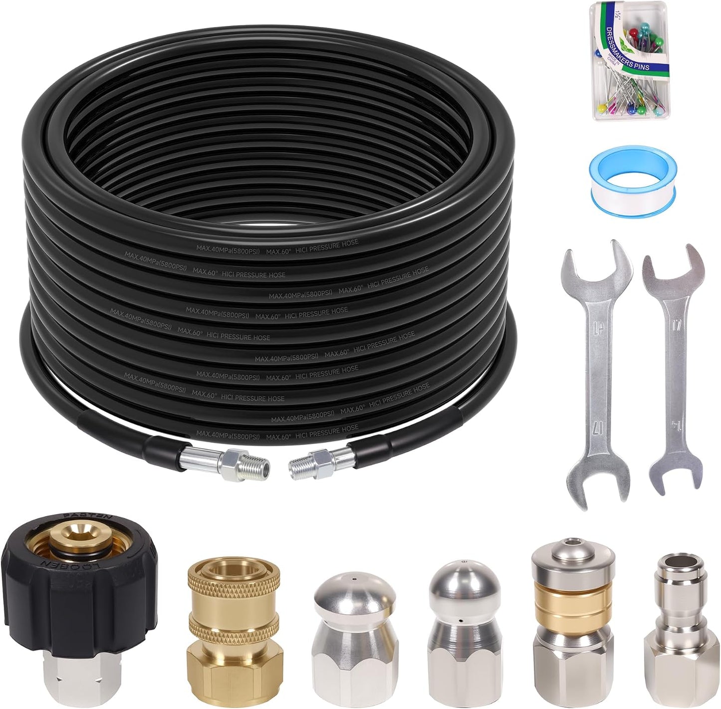 150FT Sewer Jetter Kit for Pressure Washer, 5800PSI, 1/4 Inch NPT Drain Cleaner Hose Sewer Jetting with Rotating Corner Button Nose Nozzle for Pipe Cleaning