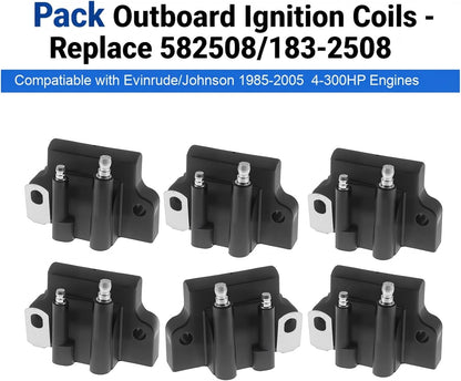 18-5179 183-2508 582508 Ignition Coil for Johnson Outboard Motor Evinrude 1985-2005 4HP to 300HP 60hp 70 hp 90 hp 100hp 115hp 125hp 140hp 200 hp 225hp Replaces 18-5179 183-2508 582508 72010 6 Packs