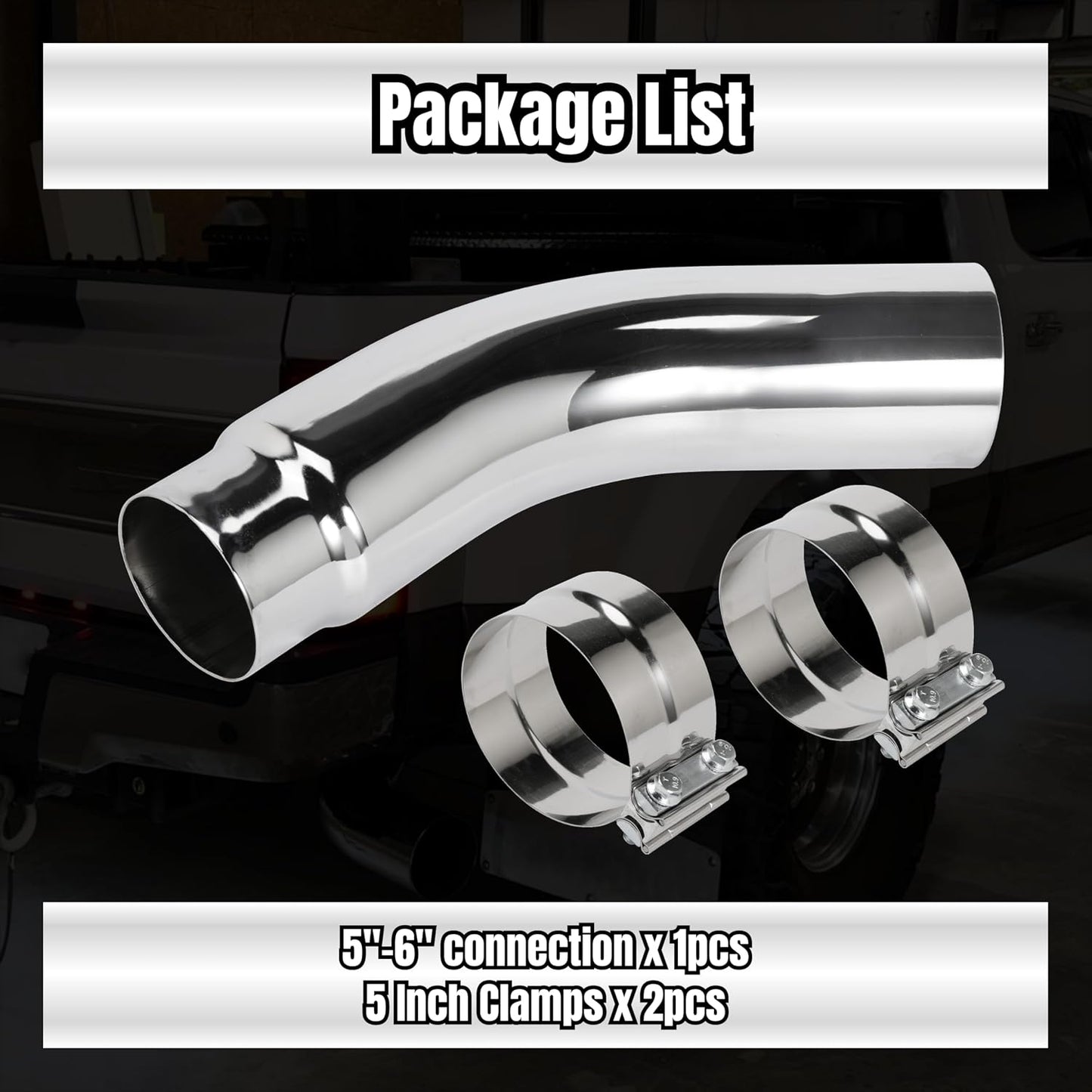 5 Inch Diesel Exhaust Elbow Tip, 5" Inlet to 6" Outlet, 23" Long Chrome Exhaust Pipe Elbow 2pcs 5'' Exhaust Clamps
