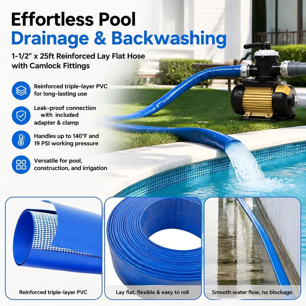 Pool Backwash Drain Hose Lay Flat Discharge Hose 1-1/2" x 25ft Reinforced Drain Pipe with Camlock Fittings for Pump Pool Drainage Includes 125F 125A 150F 150A Adapter and Clamp