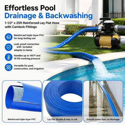 Pool Backwash Drain Hose Lay Flat Discharge Hose 1-1/2" x 25ft Reinforced Drain Pipe with Camlock Fittings for Pump Pool Drainage Includes 150A Adapter and Stainless Steel Clamp