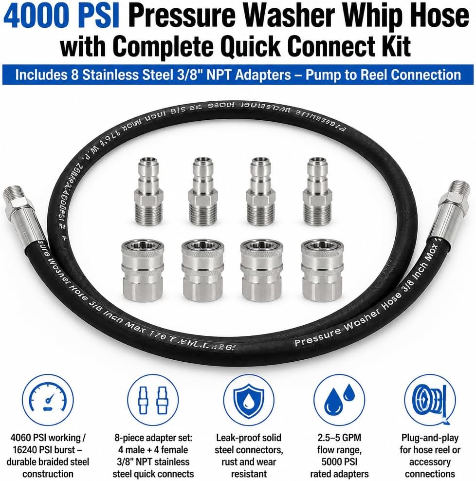 2FT Pressure Washer Whip Hose 4000 PSI Includes 4 Set 3/8" Male and Female Quick Connectors High Pressure Jumper Hose with 3/8" NPT Steel Connectors for Hose Reel, Pump to Reel Connection