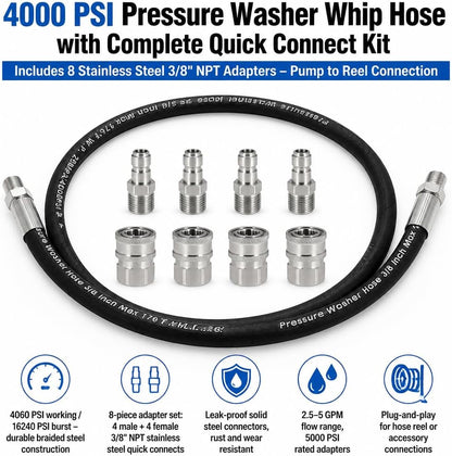 2FT Pressure Washer Whip Hose 4000 PSI Includes 4 Set 3/8" Male and Female Quick Connectors High Pressure Jumper Hose with 3/8" NPT Steel Connectors for Hose Reel, Pump to Reel Connection
