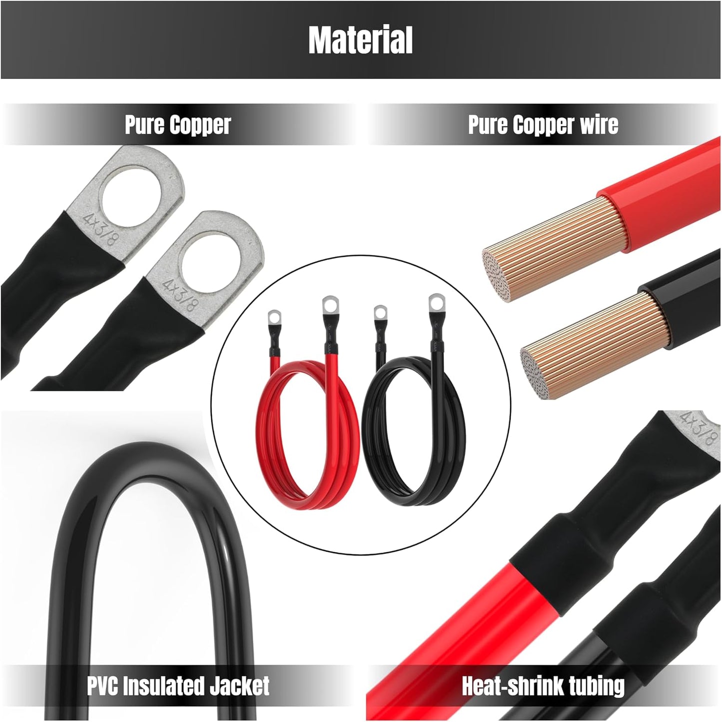 4FT 4 AWG Battery Cable 4 Gauge Battery Cables 4AWG 4 FT Inverter Wires Cables with 3/8 inch Lugs for Solar Power Inverters, RVs, Campers, Travel Trailers, Cars, 2 Pairs