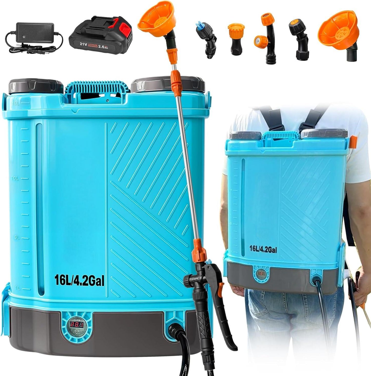 4 Gallon Battery Powered Backpack Sprayer, 100 PSI Adjustable Electric Sprayer with 5 Nozzles & 2.6Ah Battery