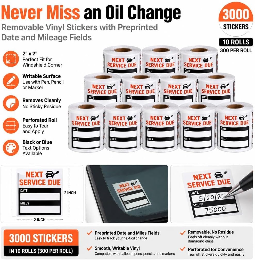 Oil Change Service Reminder Stickers - 300 Pcs 2x2 Black, Next Service Due Roll, Removable Vinyl Peel & Write, No Residue Car Sticker (8)