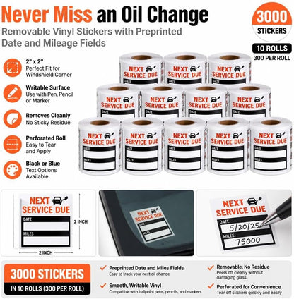 Oil Change Service Reminder Stickers - 300 Pcs 2x2 Black, Next Service Due Roll, Removable Vinyl Peel & Write, No Residue Car Sticker (8)