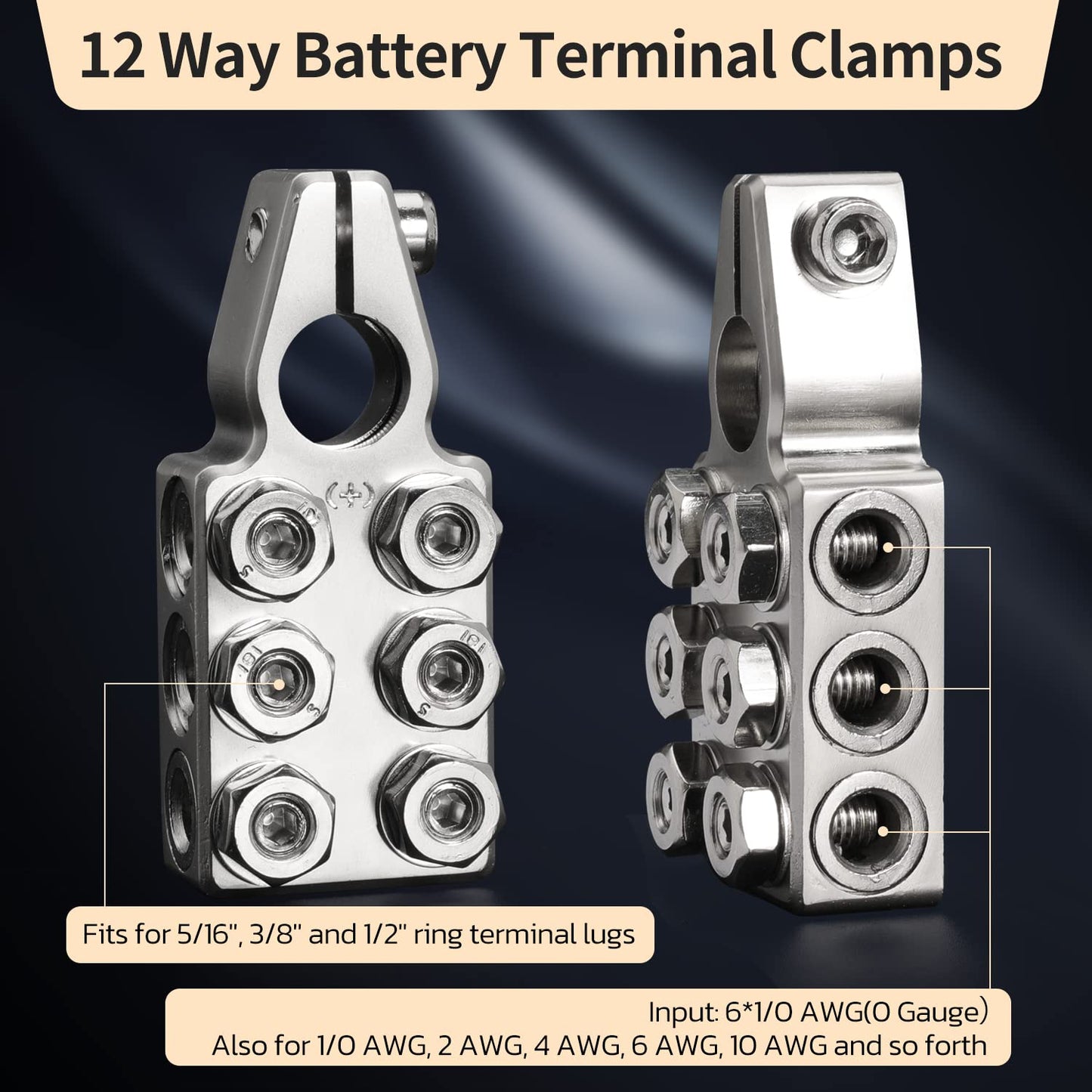 6x1/0 AWG Battery Post Terminal Connector 0 Gauge 12 Way Battery Terminal Clamps Replacement for Tapered Top Post