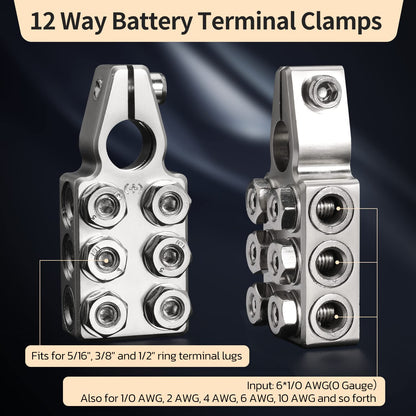 6x1/0 AWG Battery Post Terminal Connector 0 Gauge 12 Way Battery Terminal Clamps Replacement for Tapered Top Post