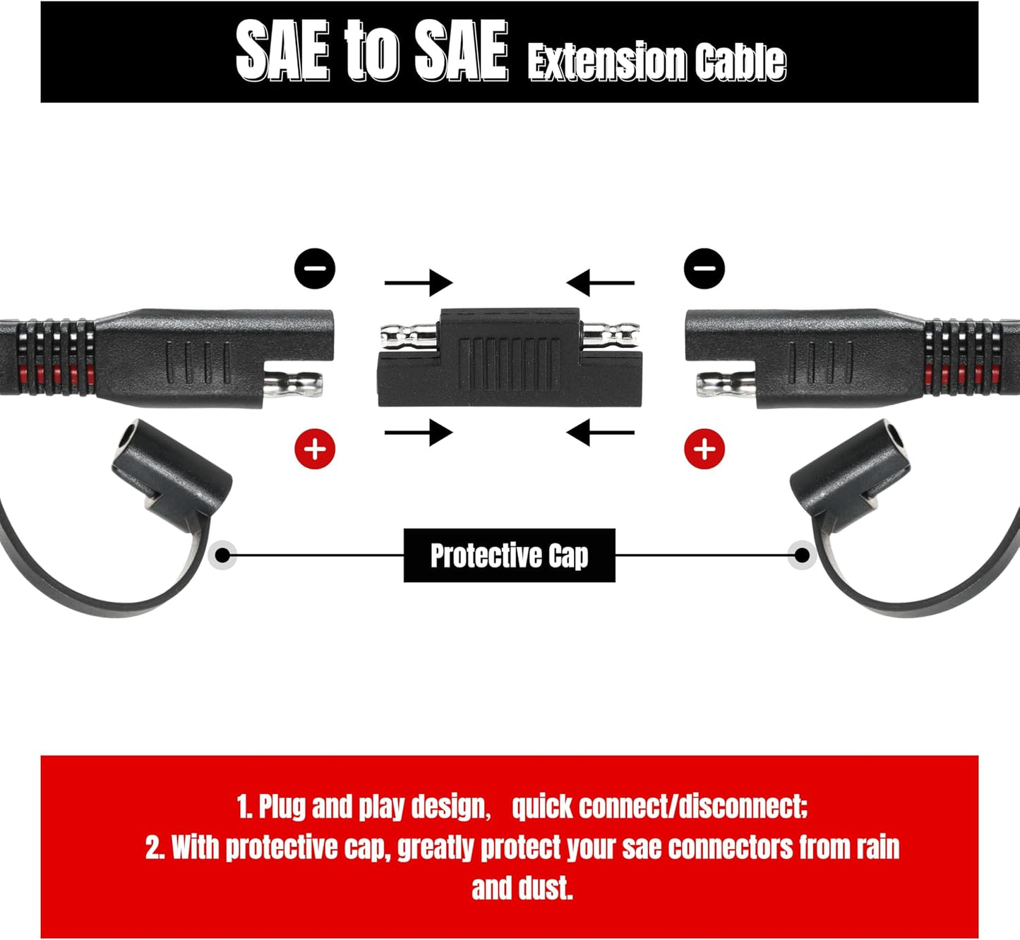 15FT 10AWG SAE Extension Cable, 10 AWG SAE Quick Disconnect Wire Harness 10 Gauge with Polarity Reverse Adapter for Solar Panel RV Battery Automotive and Marine Applications (10AWG 15FT)