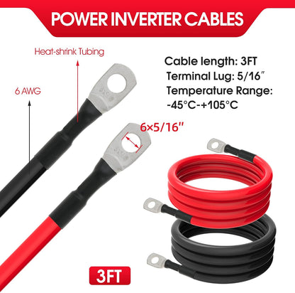 6 AWG Battery Cables 6 Gauge Battery Power Inverter Cable with 5/16 Inch Tinned Copper Lugs Both Ends for Solar Marine Boat RV Car Motorcycle 2 pcs (3FT)