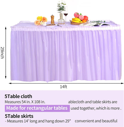 5 Pack Plastic Table Skirts for Rectangle Tables with 5 Pack Table Cloths, Blue Tableskirts and 54" x 108" Tablecloths, Disposable Tablecloth Skirt Covers for Party Birthday Baby Shower