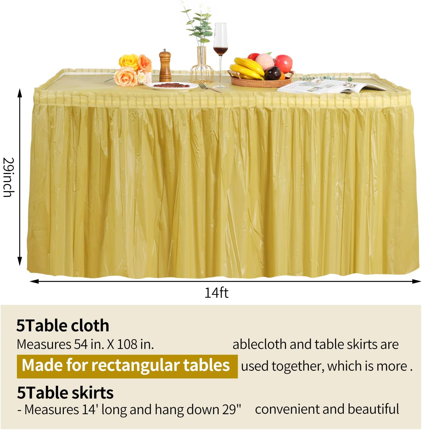 frtzal 5 Pack Plastic Table Skirts for Rectangle Tables with 5 Pack Table Cloths, 14 Ft Blue Tableskirts and 54" x 108" Tablecloths, Disposable Tablecloth Skirt Table Covers for Party Birthday (Gold)