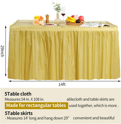 frtzal 5 Pack Plastic Table Skirts for Rectangle Tables with 5 Pack Table Cloths, 14 Ft Blue Tableskirts and 54" x 108" Tablecloths, Disposable Tablecloth Skirt Table Covers for Party Birthday (Gold)