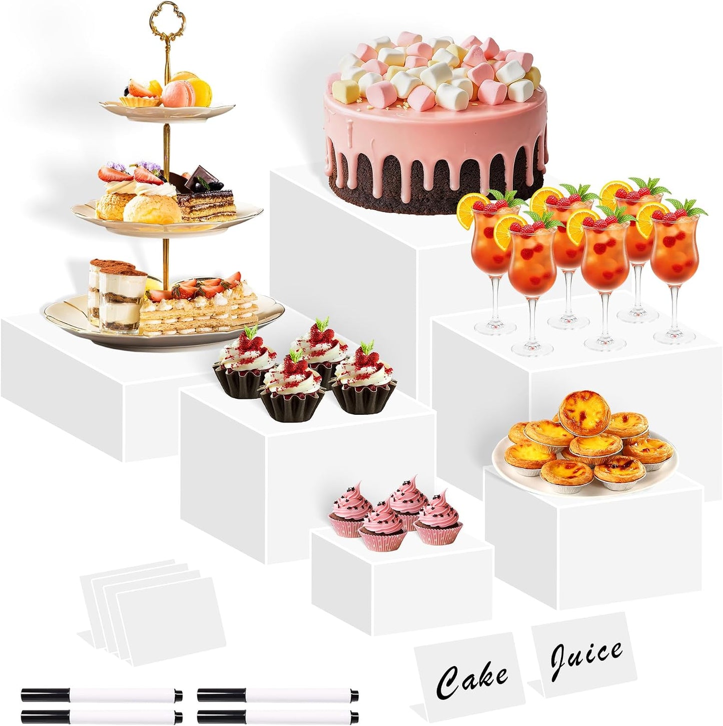 frtzal 6PCS Food Risers for Buffet Table Display Stand for Catering Dessert Matte black Cube Boxes Nesting Risers with Hollow Bottoms (Transparent, M-6,7,7.5.8,9,10)