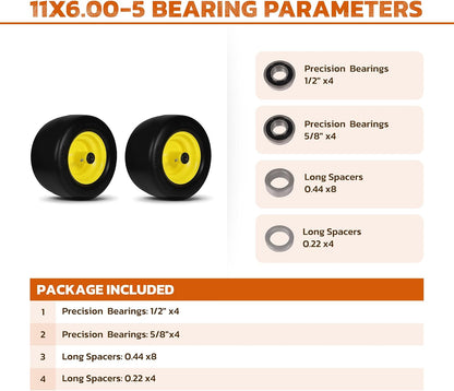 11x6.00-5 Flat Free Tire, Lawn Mower Tires Assembly with 3/4"", 5/8"", 1/2"" Bearings for Bad Boy, for Zero Turn Lawn Mower Tires, for Go Kart Cub Cadet Front Wheel and Tire, 2 Pack