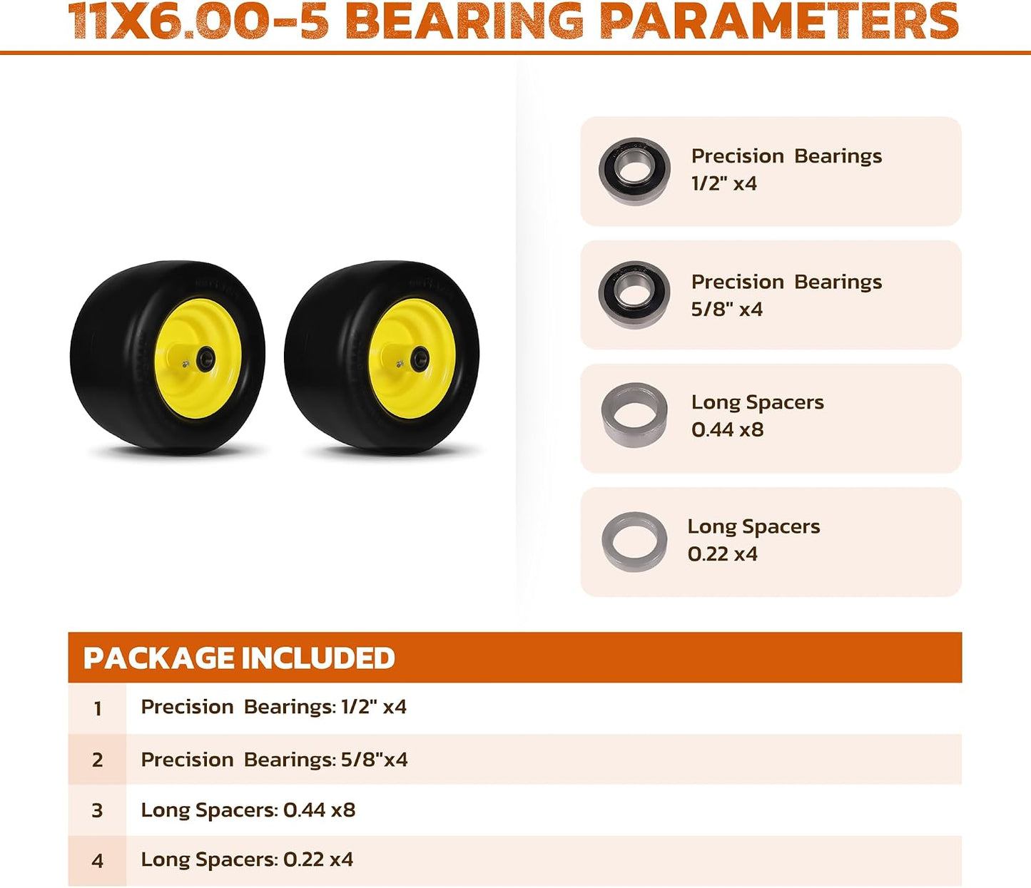 11x6.00-5 Flat Free Tire, Lawn Mower Tires Assembly with 3/4"", 5/8"", 1/2"" Bearings for Bad Boy, for Zero Turn Lawn Mower Tires, for Go Kart Cub Cadet Front Wheel and Tire, 2 Pack